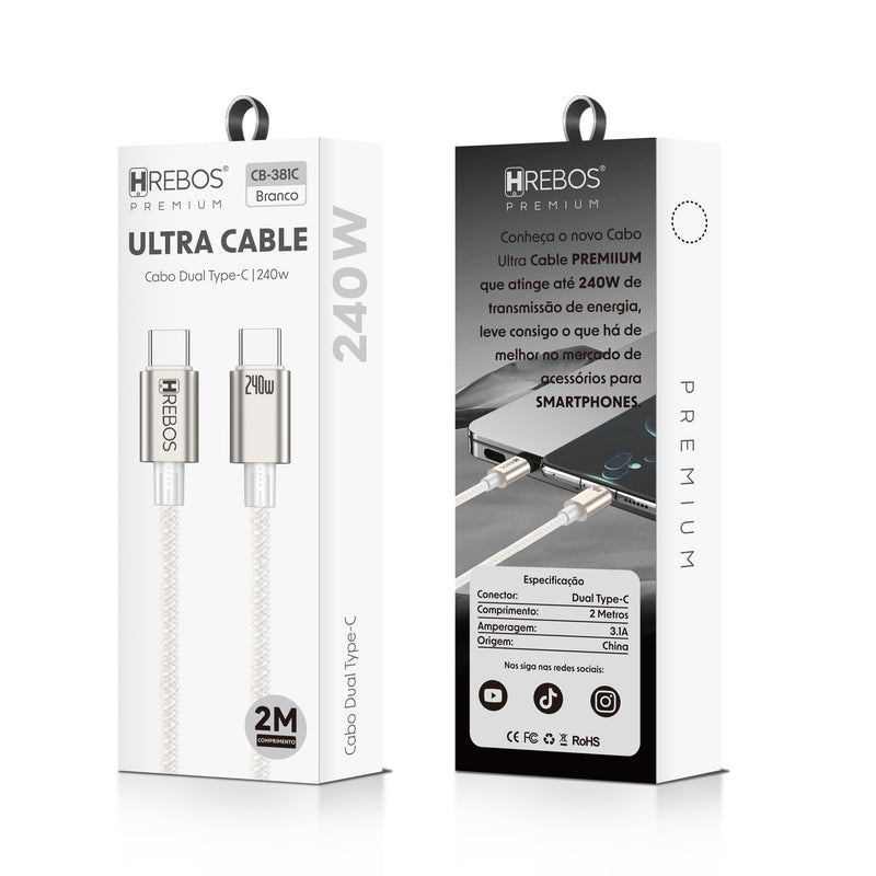 Cabo Hrebos Ultra Cable – Dual Type-C (240W, 2 Metros)