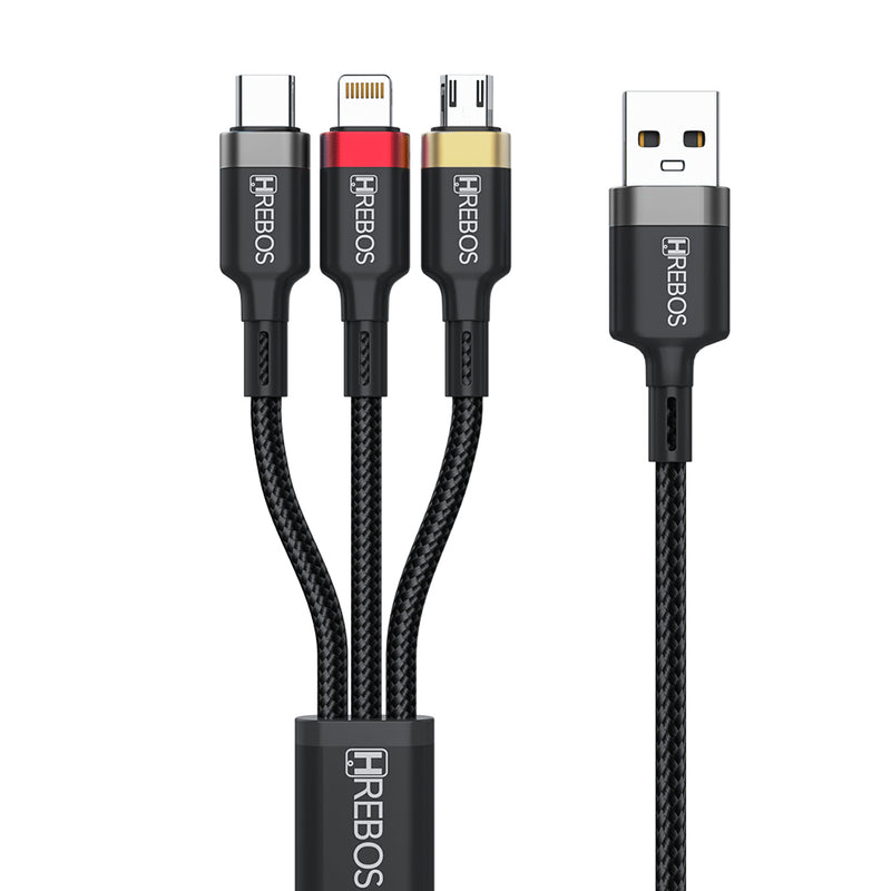 Cabo Hrebos 3 em 1 – USB para Type-C, Lightning e Micro USB (V8)