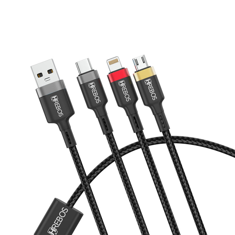 Cabo Hrebos 3 em 1 – USB para Type-C, Lightning e Micro USB (V8)