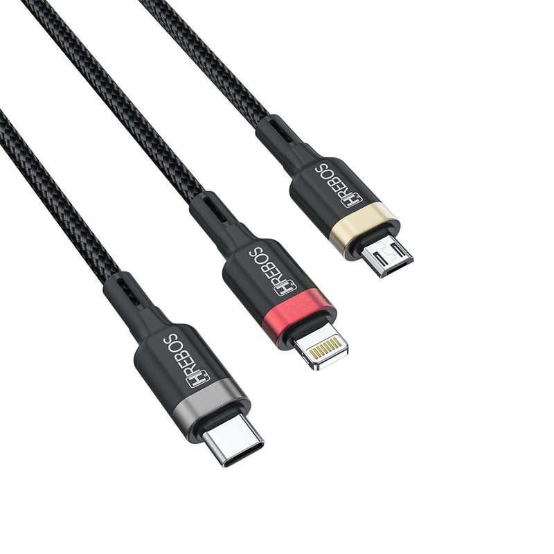 Cabo Hrebos 3 em 1 – USB para Type-C, Lightning e Micro USB (V8)